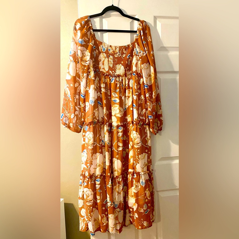 Floral Print Shirred Square Neck High Waist Maxi Dress